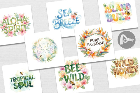 Digital Paper Watercolor Tropical Aloha Bee Quotes Digital Pattern artnoy 