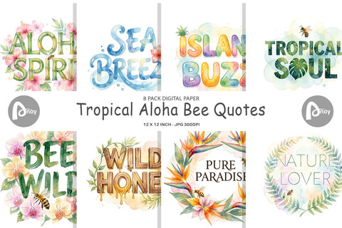 Digital Paper Watercolor Tropical Aloha Bee Quotes Digital Pattern artnoy 