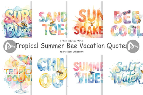 Digital Paper Watercolor Tropical Summer Bee Vacation Quotes Digital Pattern artnoy 