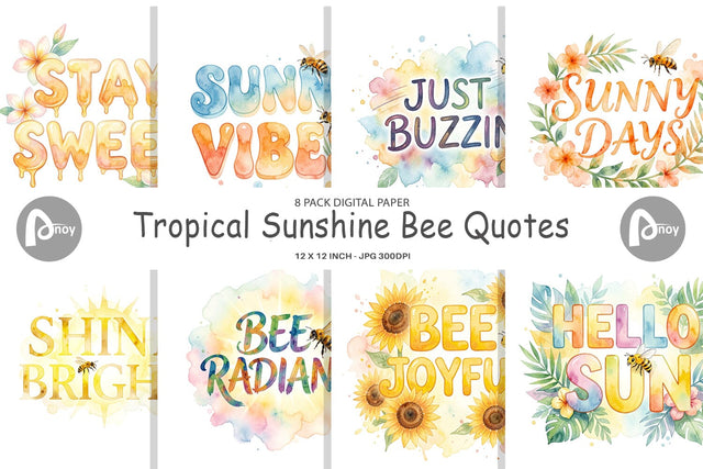 Digital Paper Watercolor Tropical Sunshine Bee Quotes Digital Pattern artnoy 