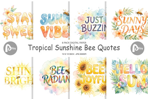 Digital Paper Watercolor Tropical Sunshine Bee Quotes Digital Pattern artnoy 