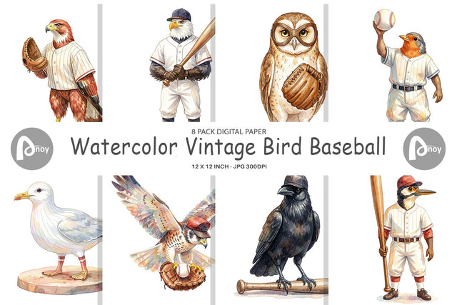 Digital Paper Watercolor Vintage Bird Baseball Digital Pattern artnoy 