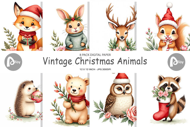 Digital Paper Watercolor Vintage Christmas Animals Digital Pattern artnoy 