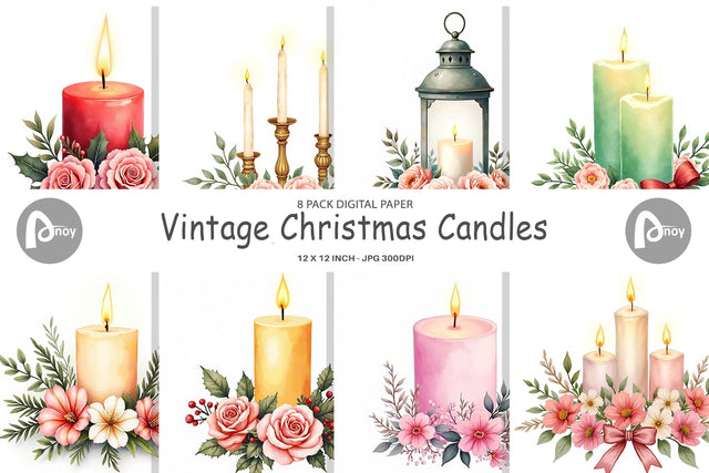 Digital Paper Watercolor Vintage Christmas Candles Digital Pattern artnoy 