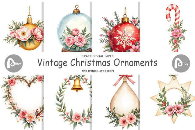 Digital Paper Watercolor Vintage Christmas Ornaments Digital Pattern artnoy 