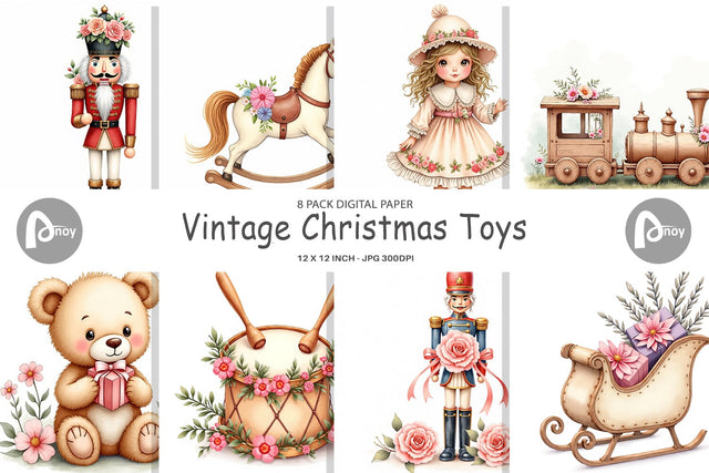 Digital Paper Watercolor Vintage Christmas Toys Digital Pattern artnoy 
