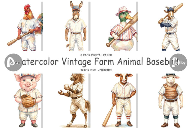 Digital Paper Watercolor Vintage Farm Animal Baseball Digital Pattern artnoy 