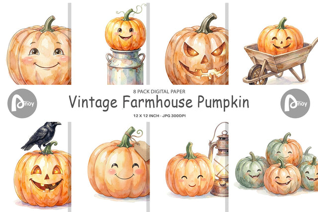 Digital Paper Watercolor Vintage Farmhouse Pumpkin Digital Pattern artnoy 