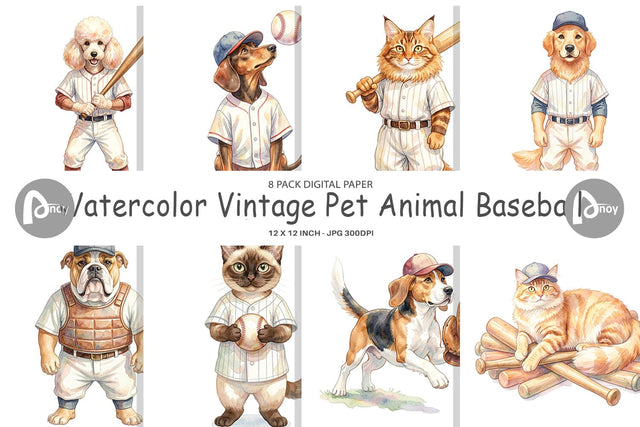 Digital Paper Watercolor Vintage Pet Animal Baseball Digital Pattern artnoy 