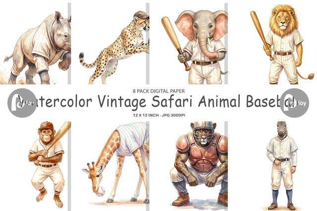Digital Paper Watercolor Vintage Safari Animal Baseball Digital Pattern artnoy 