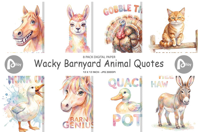 Digital Paper Watercolor Wacky Barnyard Animal Quotes Digital Pattern artnoy 