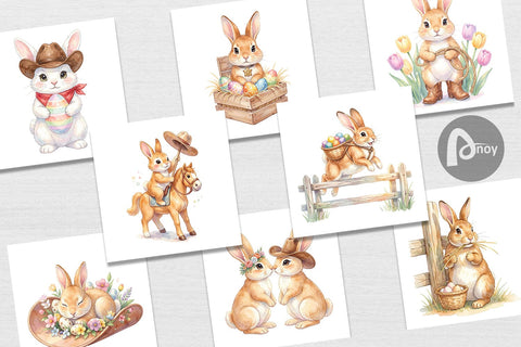 Digital Paper Watercolor Western Cowboy Bunny Easter Digital Pattern artnoy 