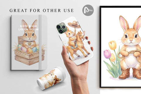 Digital Paper Watercolor Western Cowboy Bunny Easter Digital Pattern artnoy 