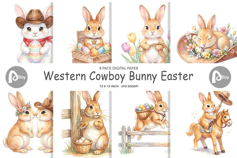 Digital Paper Watercolor Western Cowboy Bunny Easter Digital Pattern artnoy 
