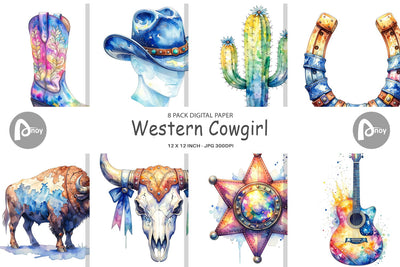 Digital Paper Watercolor Western Cowgirl Digital Pattern artnoy 
