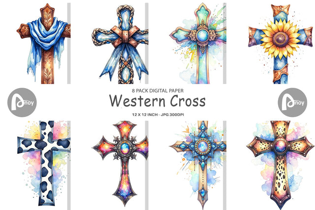 Digital Paper Watercolor Western Cross Digital Pattern artnoy 