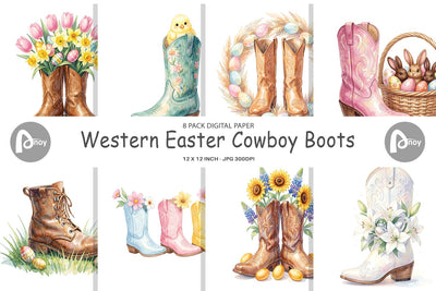 Digital Paper Watercolor Western Easter Cowboy Boots Digital Pattern artnoy 
