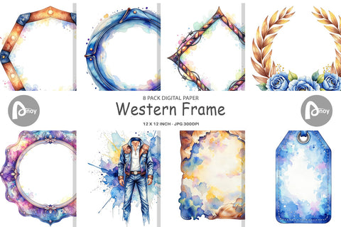 Digital Paper Watercolor Western Frame Digital Pattern artnoy 