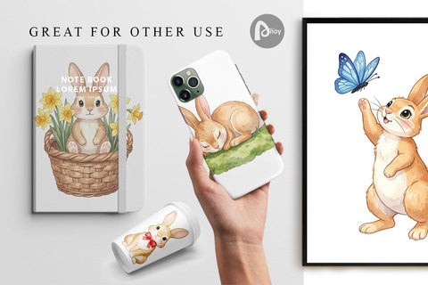 Digital Paper Watercolor Whimsical Spring Bunny Art Digital Pattern artnoy 