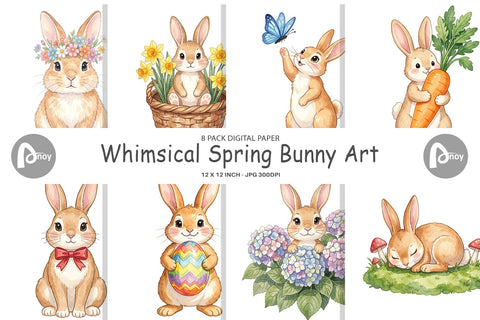 Digital Paper Watercolor Whimsical Spring Bunny Art Digital Pattern artnoy 