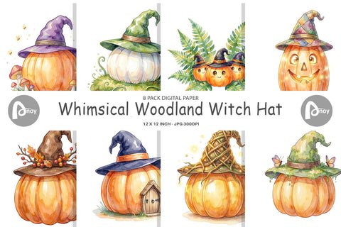 Digital Paper Watercolor Whimsical Woodland Witch Hat Digital Pattern artnoy 