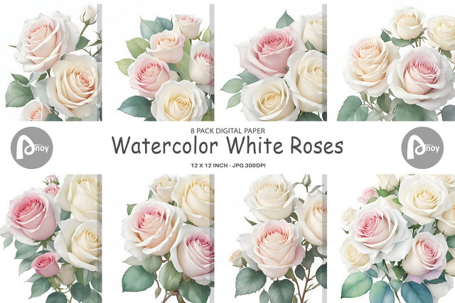 Digital paper Watercolor White Roses Digital Pattern artnoy 