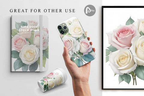 Digital paper Watercolor White Roses Digital Pattern artnoy 
