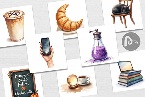 Digital Paper Watercolor Witchy Coffee Shop Digital Pattern artnoy 