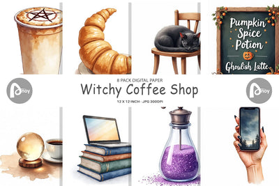 Digital Paper Watercolor Witchy Coffee Shop Digital Pattern artnoy 
