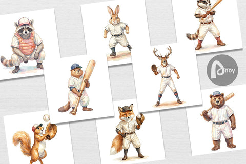 Digital Paper Watercolor Woodland Animal Baseball Digital Pattern artnoy 
