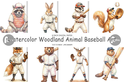 Digital Paper Watercolor Woodland Animal Baseball Digital Pattern artnoy 
