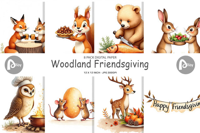 Digital Paper Watercolor Woodland Friendsgiving Digital Pattern artnoy 