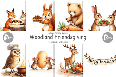 Digital Paper Watercolor Woodland Friendsgiving Digital Pattern artnoy 