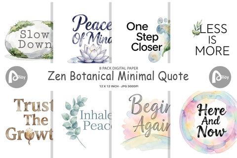 Digital Paper Watercolor Zen Botanical Minimal Quote Digital Pattern artnoy 