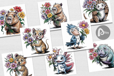 Digital Paper Whimsical Animal Bouquet Digital Pattern artnoy 