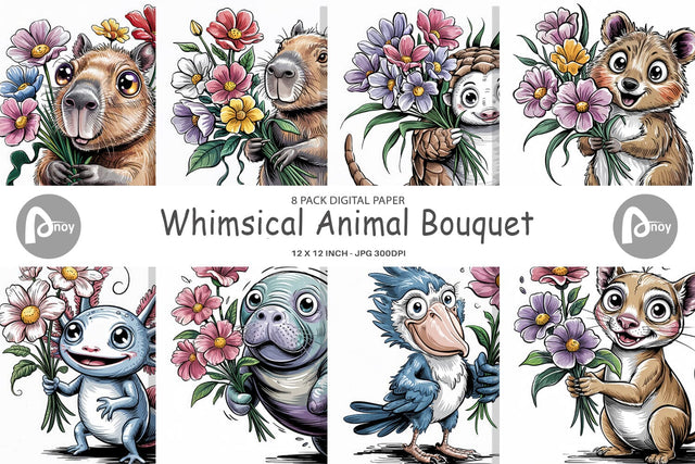 Digital Paper Whimsical Animal Bouquet Digital Pattern artnoy 