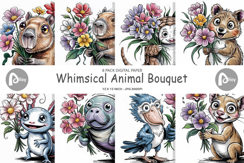 Digital Paper Whimsical Animal Bouquet Digital Pattern artnoy 