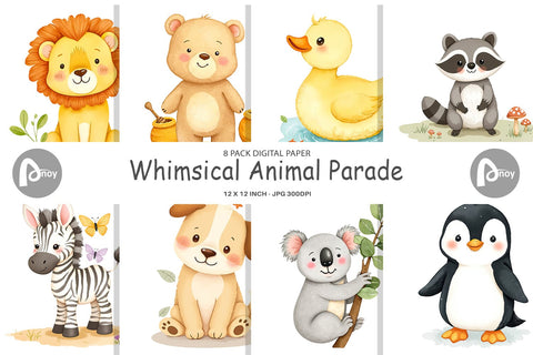 Digital Paper Whimsical Animal Parade Digital Pattern artnoy 