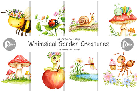 Digital Paper Whimsical Garden Creatures Digital Pattern artnoy 