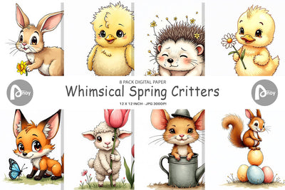 Digital Paper Whimsical Spring Critters Sketch & Watercolor Digital Pattern artnoy 