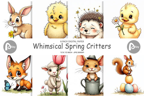 Digital Paper Whimsical Spring Critters Sketch & Watercolor Digital Pattern artnoy 