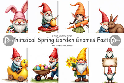 Digital Paper Whimsical Spring Garden Gnomes Easter Digital Pattern artnoy 