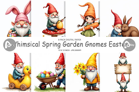 Digital Paper Whimsical Spring Garden Gnomes Easter Digital Pattern artnoy 