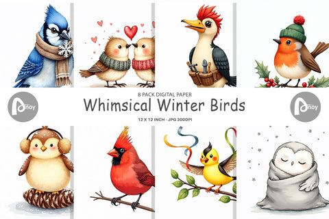 Digital Paper Whimsical Winter Birds Watercolor Digital Pattern artnoy 