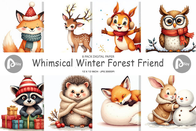 Digital Paper Whimsical Winter Forest Friends Watercolor Digital Pattern artnoy 