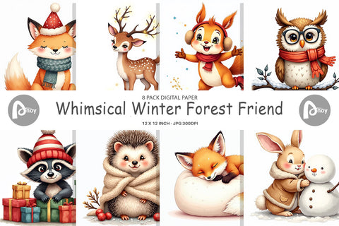 Digital Paper Whimsical Winter Forest Friends Watercolor Digital Pattern artnoy 