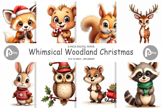 Digital Paper Whimsical Woodland Christmas Vintage Watercolor Animals Digital Pattern artnoy 