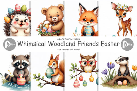 Digital Paper Whimsical Woodland Friends Easter Watercolor Digital Pattern artnoy 