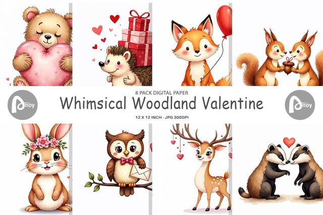 Digital Paper Whimsical Woodland Valentine Watercolor Digital Pattern artnoy 