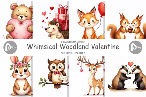 Digital Paper Whimsical Woodland Valentine Watercolor Digital Pattern artnoy 